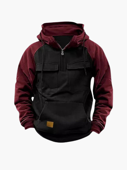 Men's Urban Quarter-Zip Hoodie with Chest Pockets and Kangaroo Pocket - Casual Streetwear Pullover