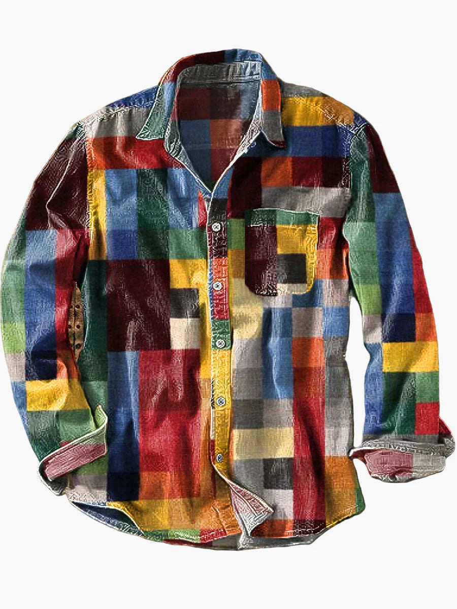 Men's Vintage Checkered Casual Shirt – Retro Patchwork Style, Unisex, Everyday Wear