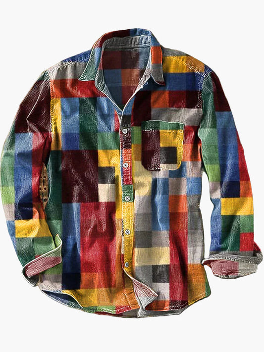Men's Vintage Checkered Casual Shirt – Retro Patchwork Style, Unisex, Everyday Wear