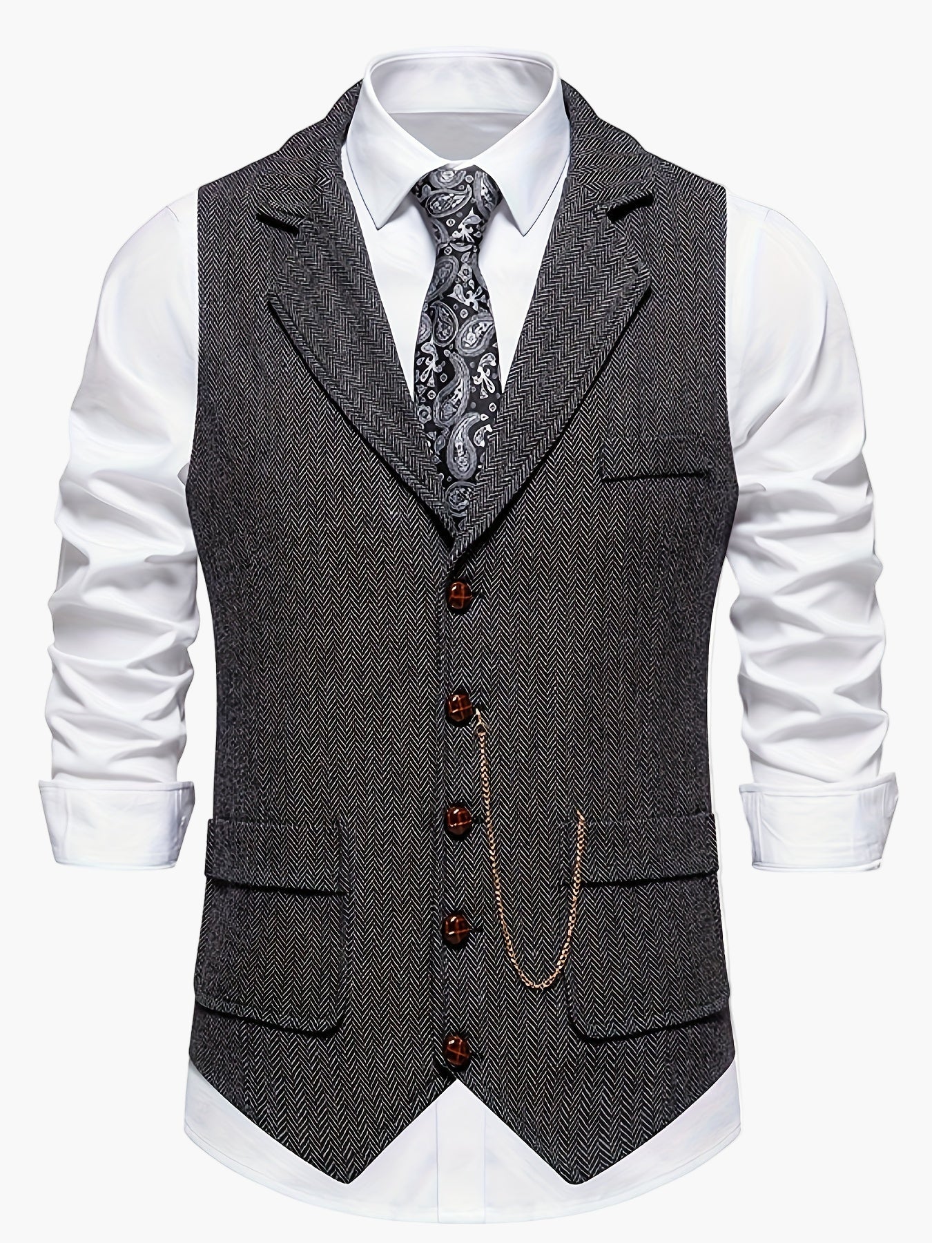 Men's Classic Herringbone Suit Vest with Notched Lapel – Formal & Vintage Style