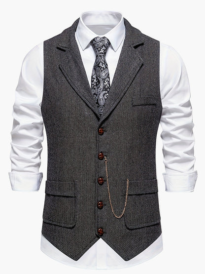 Men's Classic Herringbone Suit Vest with Notched Lapel – Formal & Vintage Style