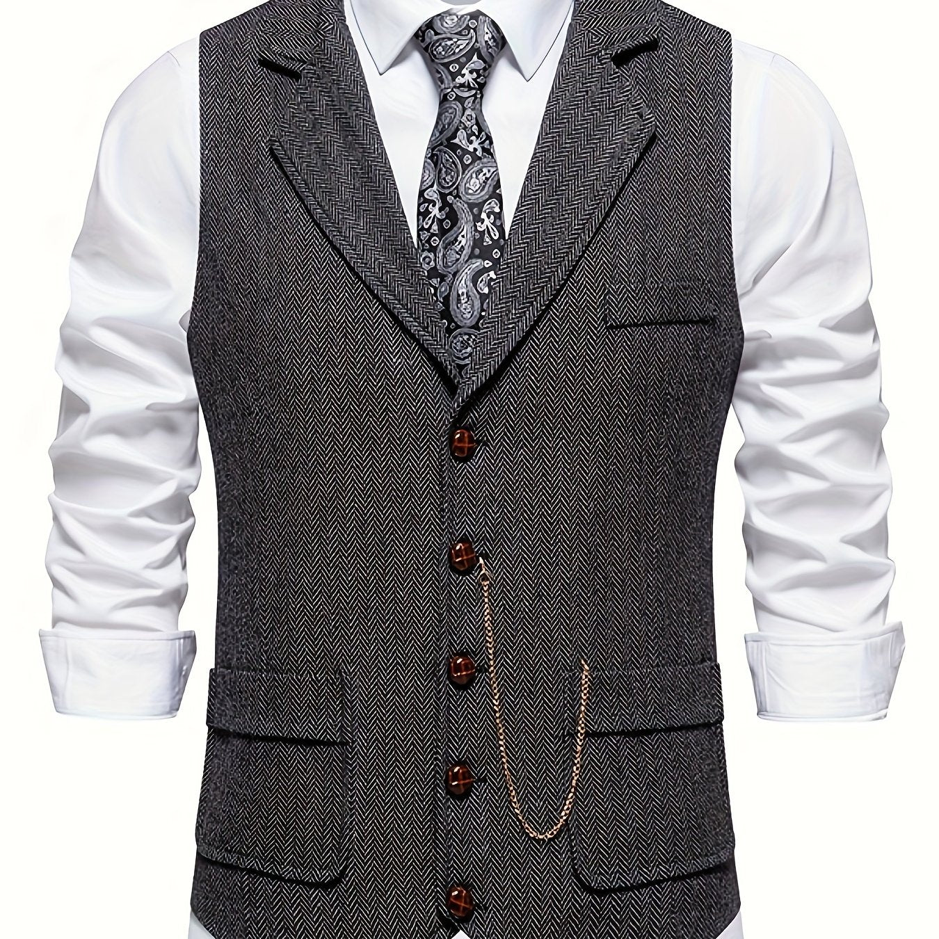 Men's Classic Herringbone Suit Vest with Notched Lapel – Formal & Vintage Style
