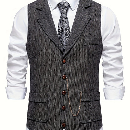 Men's Classic Herringbone Suit Vest with Notched Lapel – Formal & Vintage Style