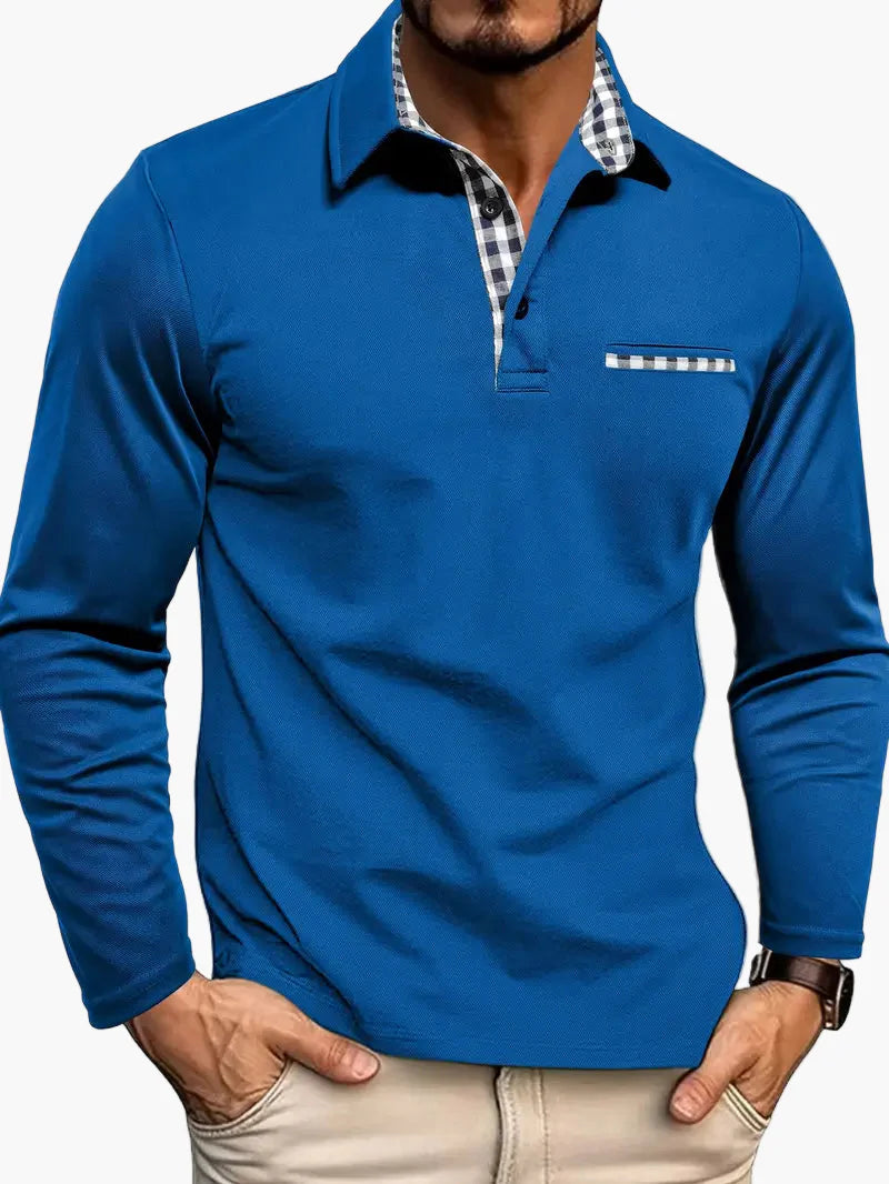 Men's Slim Fit Long Sleeve Polo Shirt with Plaid Accent – Casual & Smart Style