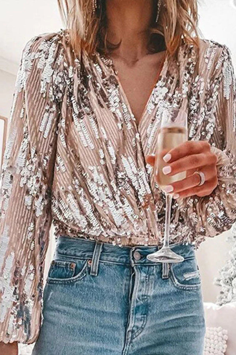 Women's Sequin Wrap Blouse Elegant Party Top