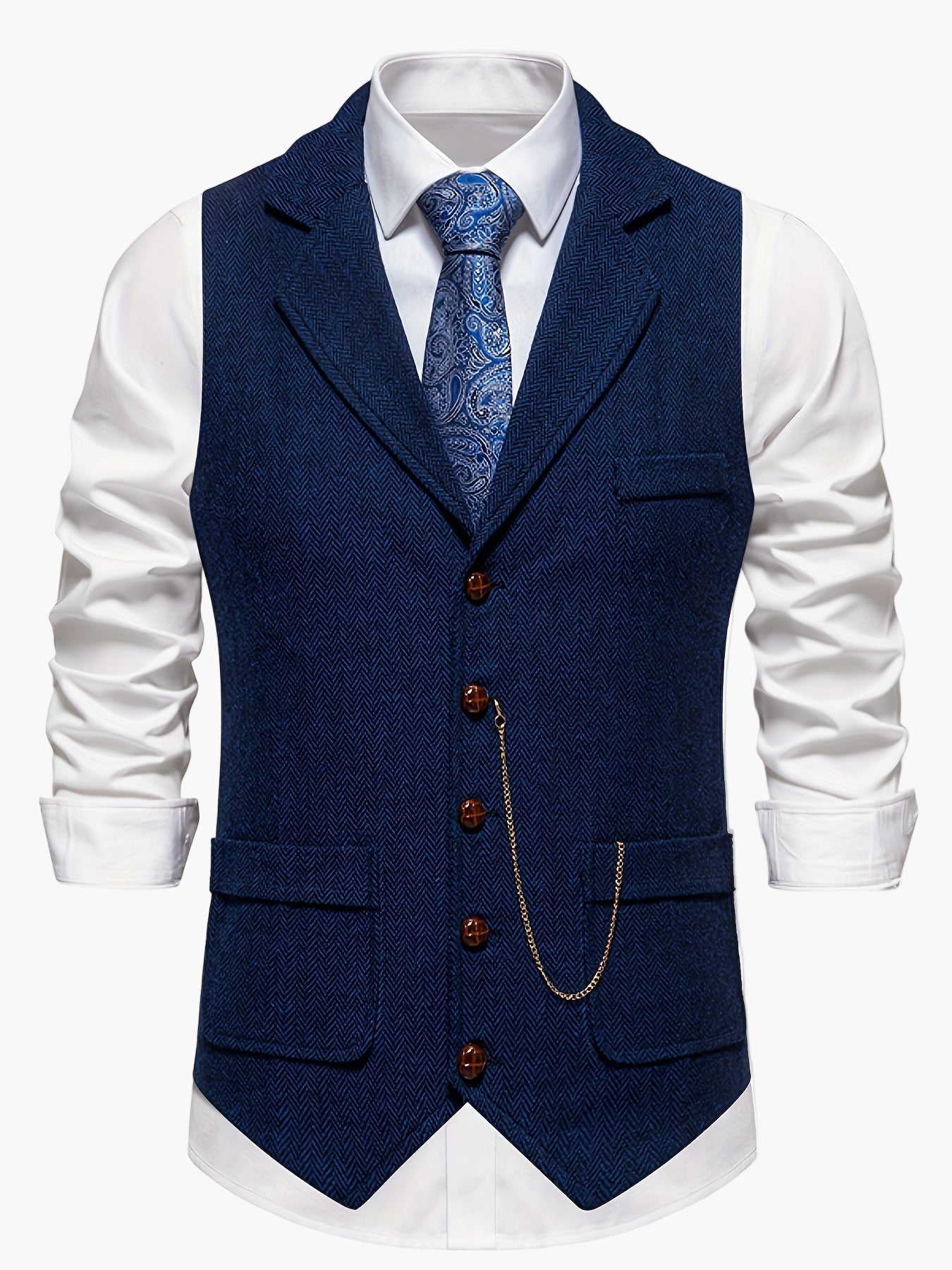 Men's Classic Herringbone Suit Vest with Notched Lapel – Formal & Vintage Style