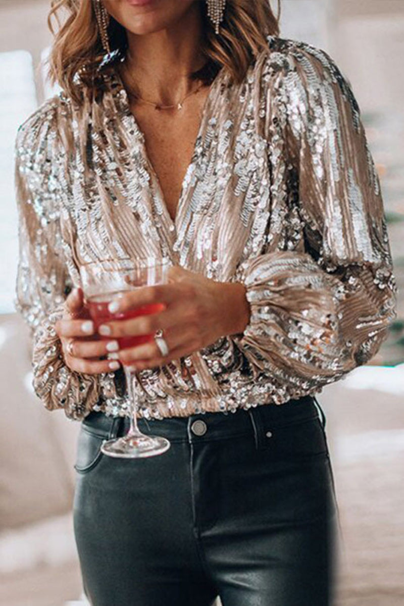 Women's Sequin Wrap Blouse Elegant Party Top