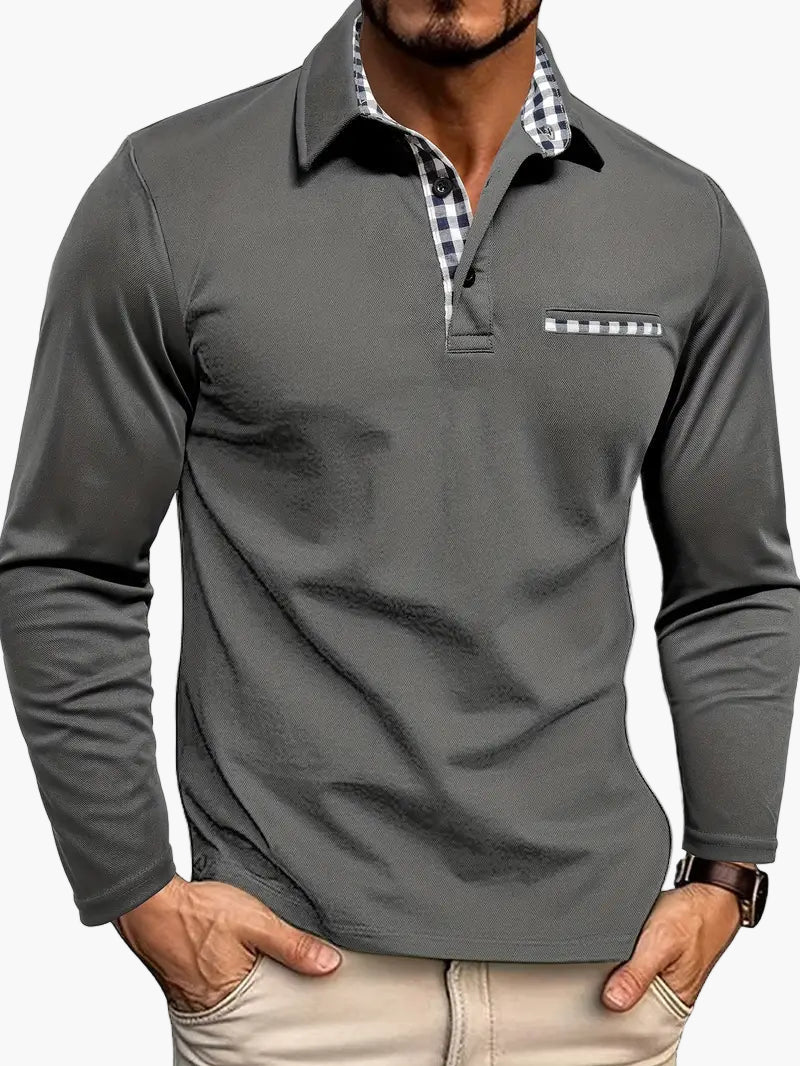 Men's Slim Fit Long Sleeve Polo Shirt with Plaid Accent – Casual & Smart Style