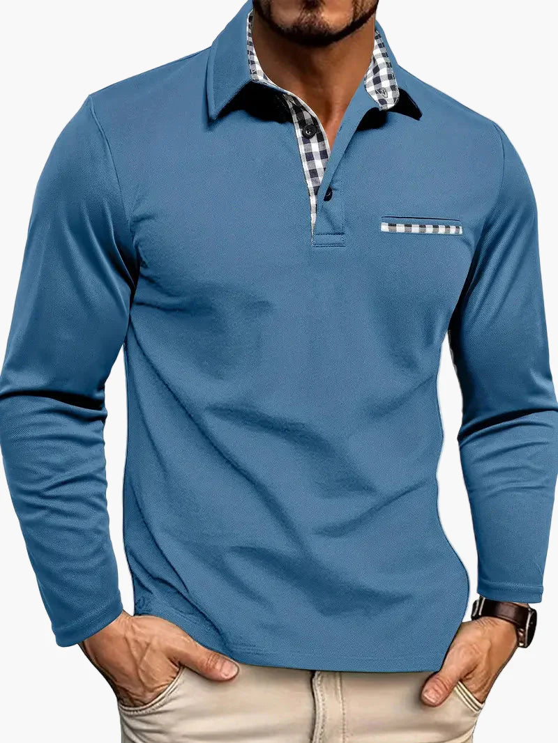 Men's Slim Fit Long Sleeve Polo Shirt with Plaid Accent – Casual & Smart Style