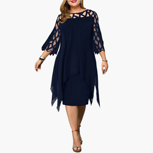 Women's Plus Size Elegant Midi Dress with Sheer Sleeves – Modern Party and Evening Style