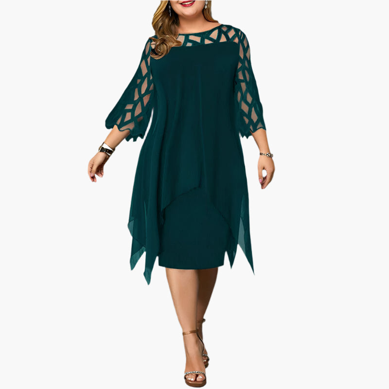 Women's Plus Size Elegant Midi Dress with Sheer Sleeves – Modern Party and Evening Style