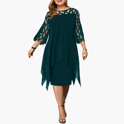 Women's Plus Size Elegant Midi Dress with Sheer Sleeves – Modern Party and Evening Style