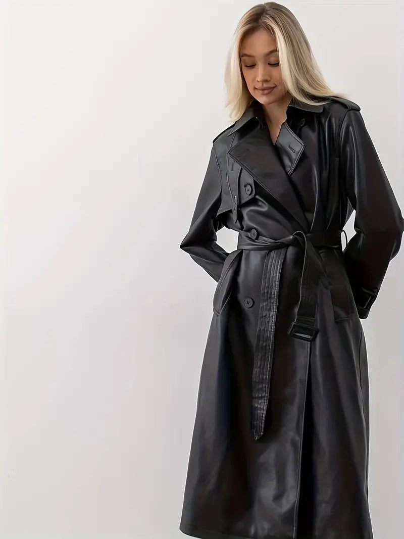 Women's Long Trench Coat with Wide Lapels and Waist Belt – Elegant Double-Breasted Style for Fall Winter