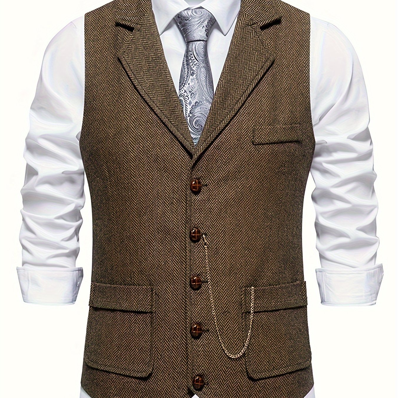 Men's Classic Herringbone Suit Vest with Notched Lapel – Formal & Vintage Style