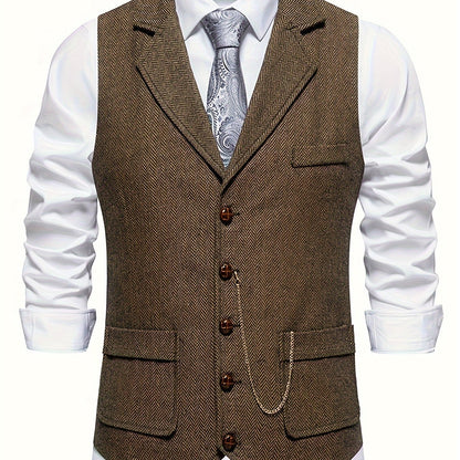 Men's Classic Herringbone Suit Vest with Notched Lapel – Formal & Vintage Style