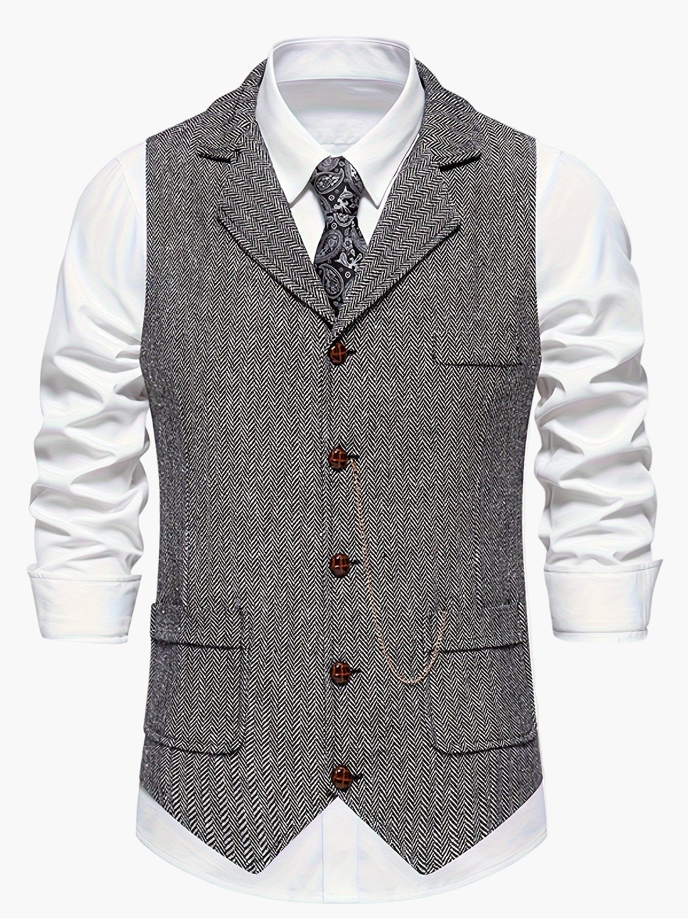 Men's Classic Herringbone Suit Vest with Notched Lapel – Formal & Vintage Style