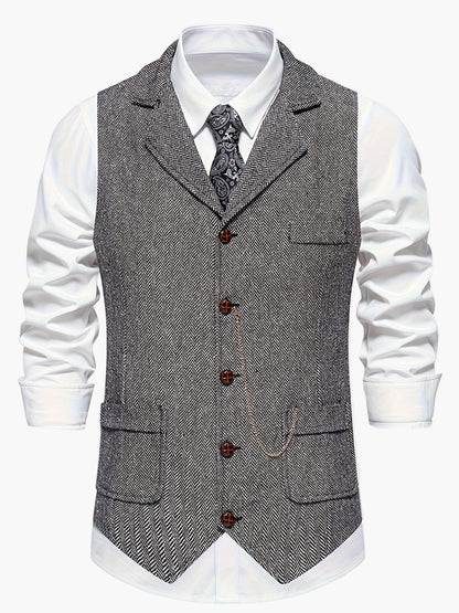 Men's Classic Herringbone Suit Vest with Notched Lapel – Formal & Vintage Style