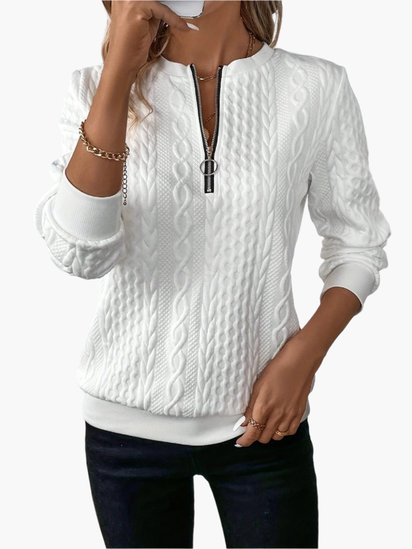 Women's Casual Cable Knit Zip Pullover Sweater, Stylish Everyday Top