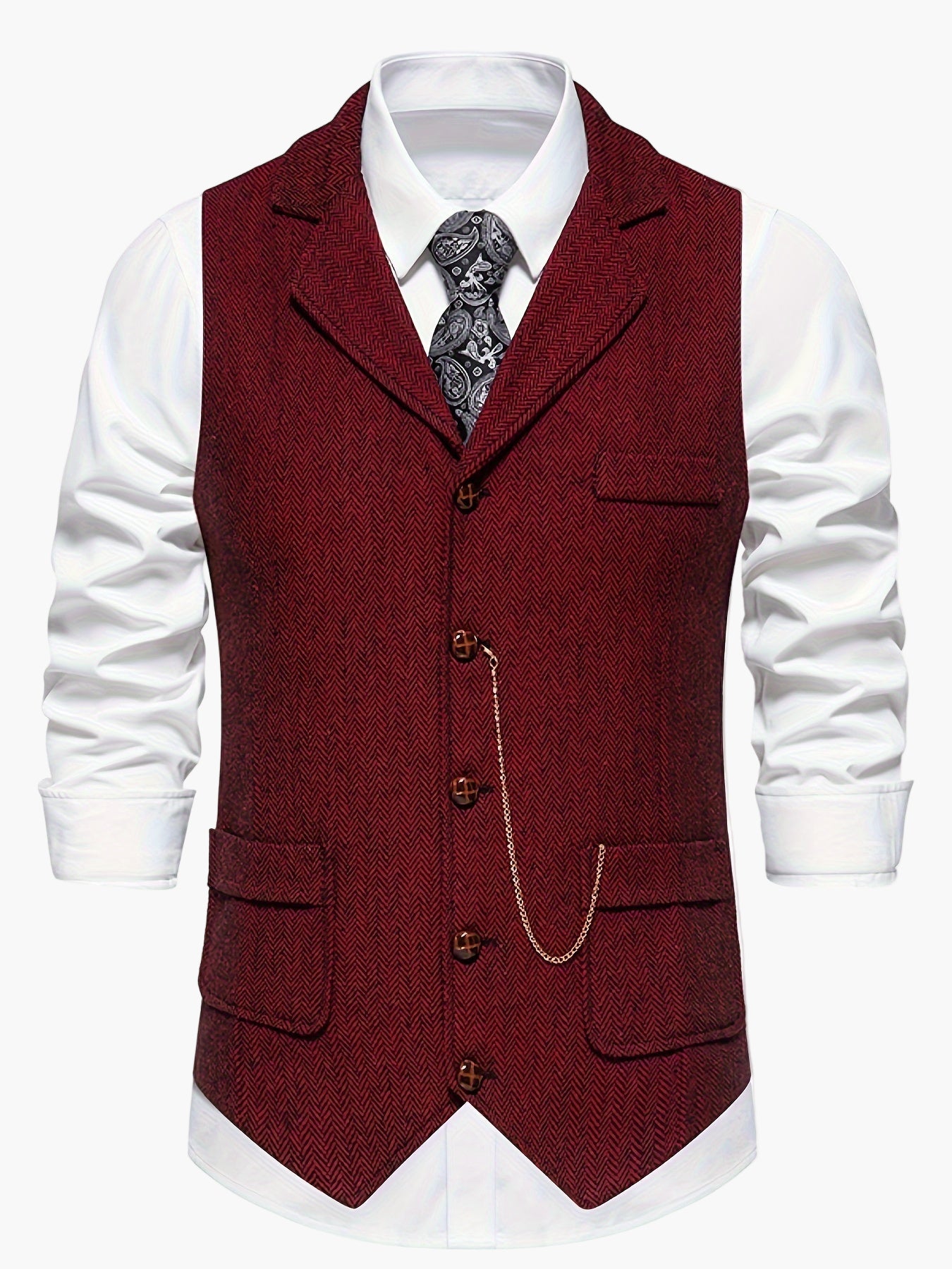 Men's Classic Herringbone Suit Vest with Notched Lapel – Formal & Vintage Style