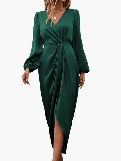 Women's Elegant Ruched Waist Formal Wrap Dress – Long Sleeve Cocktail & Evening Gown