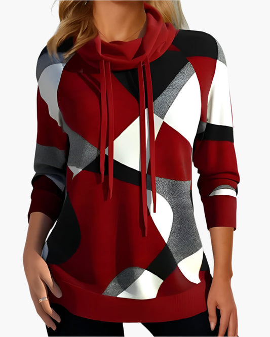Women's Modern Color Block Casual Pullover Top with Cowl Neck and Drawstrings