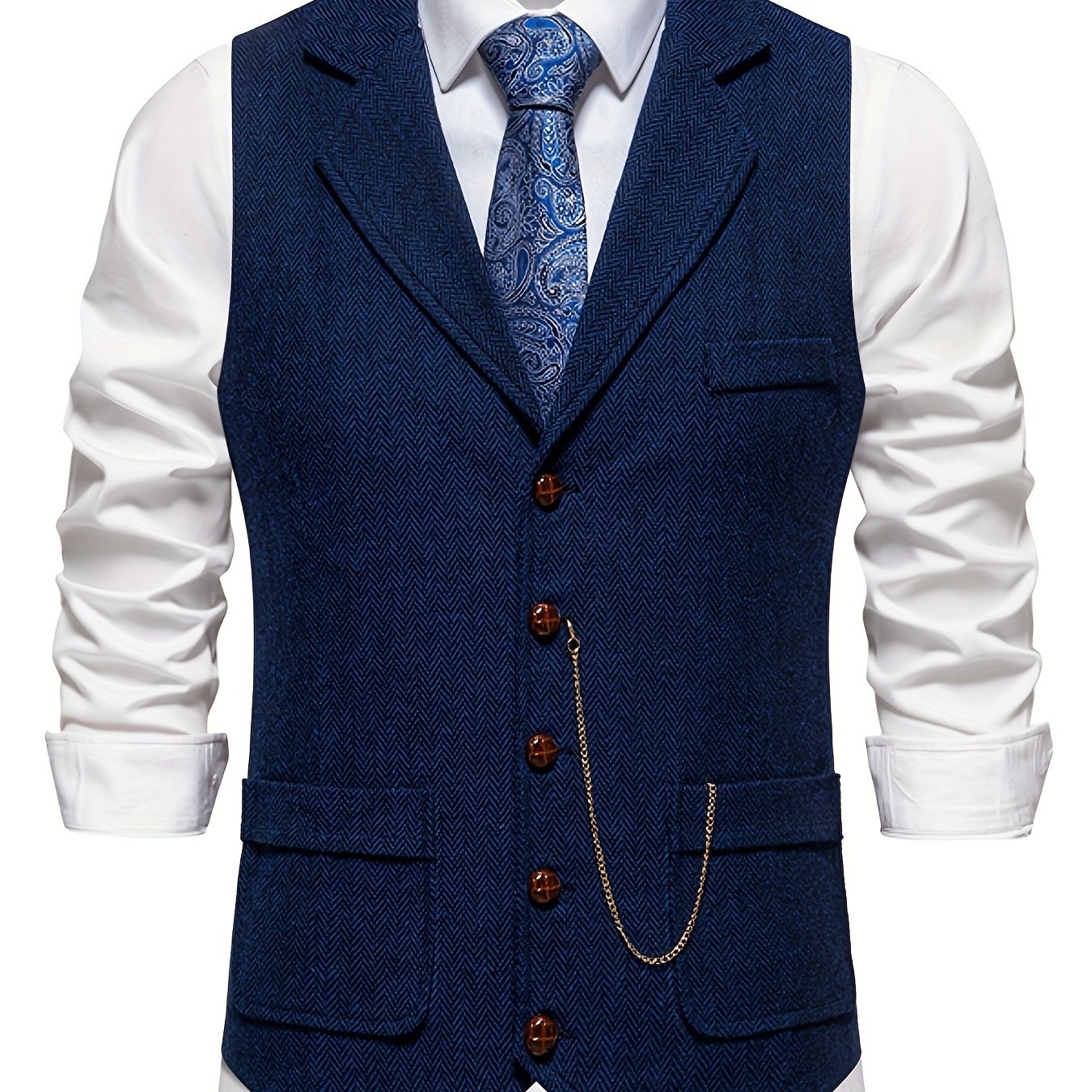 Men's Classic Herringbone Suit Vest with Notched Lapel – Formal & Vintage Style