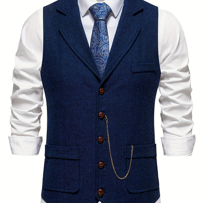 Men's Classic Herringbone Suit Vest with Notched Lapel – Formal & Vintage Style