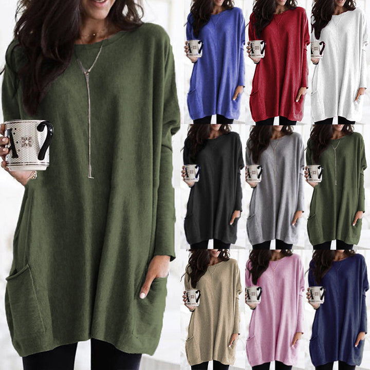 Women's Long Casual Tunic Sweater with Pockets - Relaxed Fit Pullover for Everyday Wear