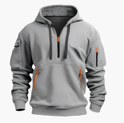 Men's Tactical Utility Hoodie with Zipper Pockets and Adjustable Hood - Streetwear Pullover for Everyday Use