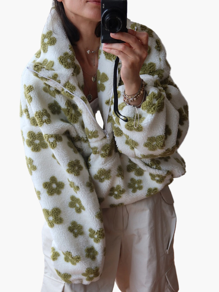 Women's Cozy Boho Floral Fleece Pullover – Casual Relaxed Fit Sweater