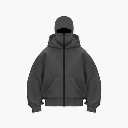 Men's Minimalist Full-Zip Hoodie with Integrated Face Cover – Urban Streetwear Style