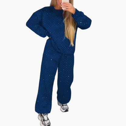 Women's Relaxed Fit Diamond Studded Lounge Set – Trendy Two Piece Tracksuit for Casual & Streetwear