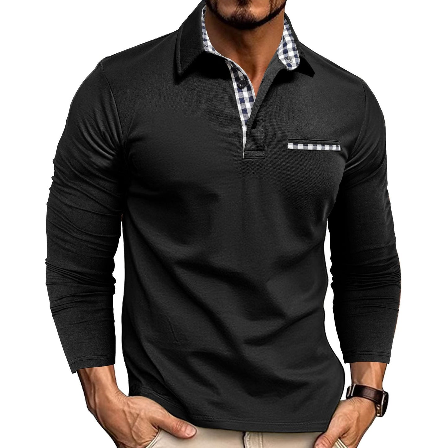 Men's Slim Fit Long Sleeve Polo Shirt with Plaid Accent – Casual & Smart Style