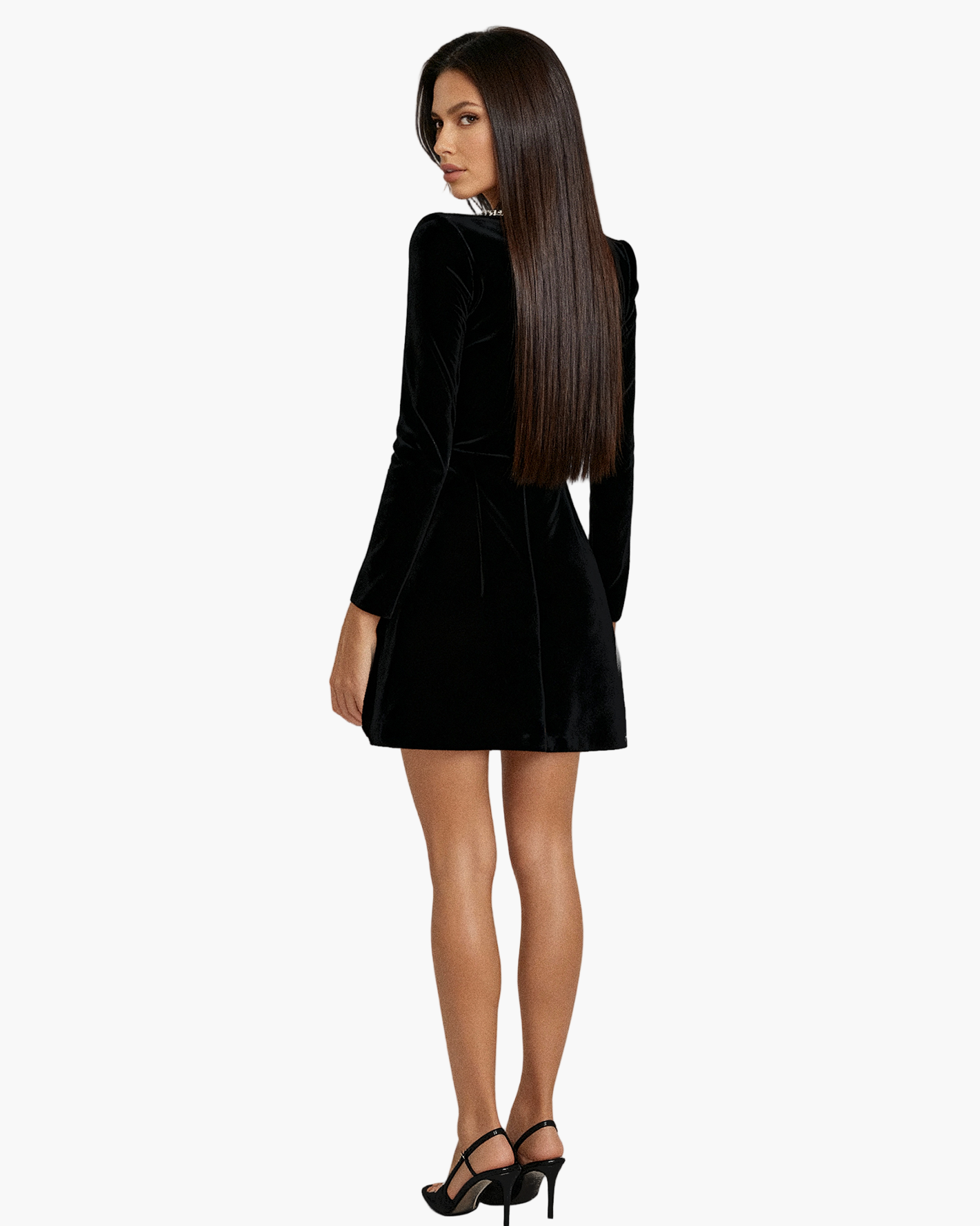 Women's Party Mini Dress with Crystal Embellished Square Neckline and Long Sleeves - Elegant Evening & Holiday Style