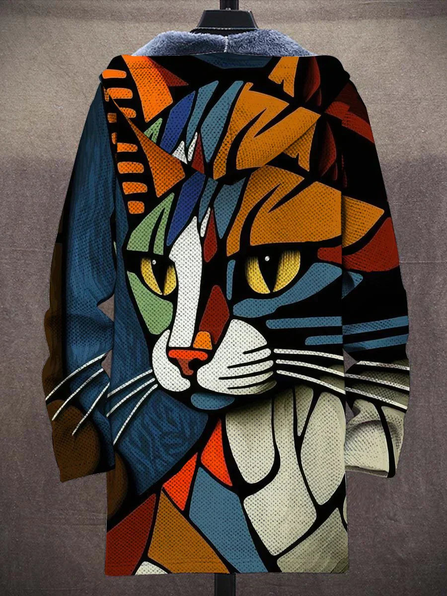 Women's Artistic Cat Print Hoodie Jacket for Unique Casual Style