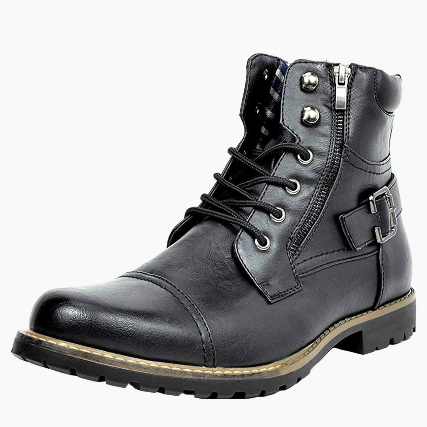 Men's Motorcycle Combat Ankle Boots - Urban Biker Style with Side Zipper and Buckle