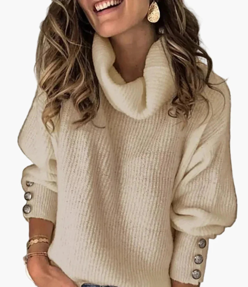 Women's Relaxed Turtleneck Pullover with Button Sleeve Detail – Casual Chic Sweater