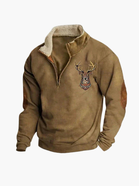 Men's Quarter Zip Cozy Pullover with Deer Embroidery – Casual Outdoor Style