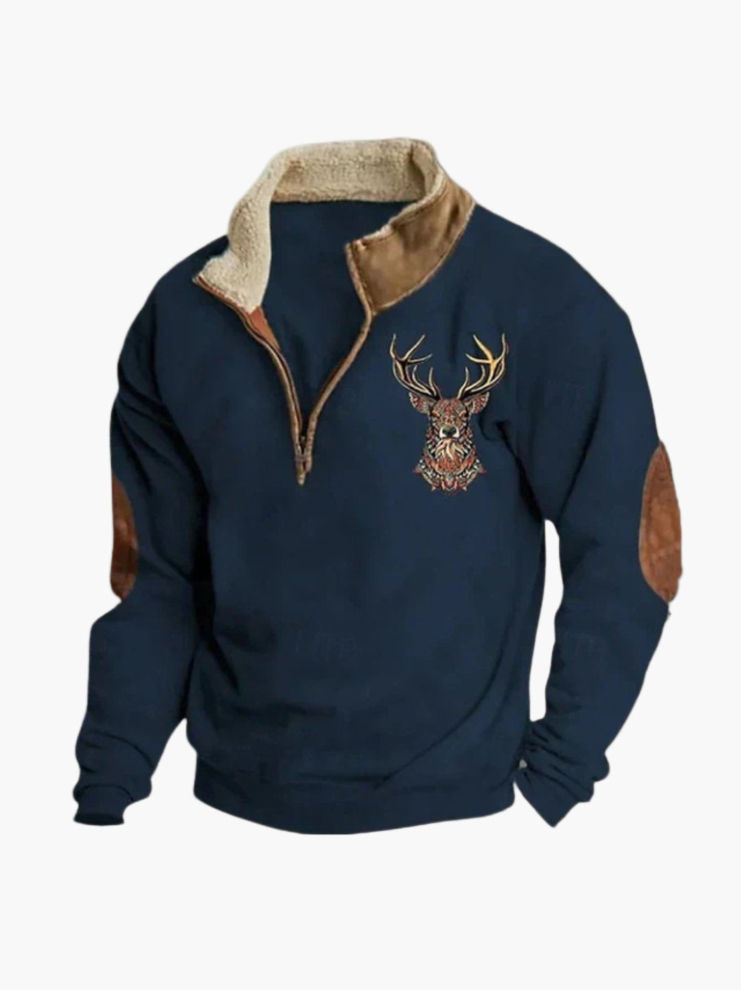 Men's Quarter Zip Cozy Pullover with Deer Embroidery – Casual Outdoor Style