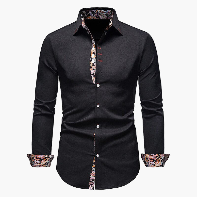 Men's Modern Long Sleeve Dress Shirt with Paisley Accents, Tailored Fit, Formal and Casual Style