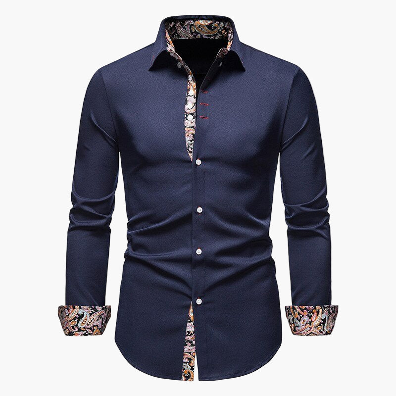 Men's Modern Long Sleeve Dress Shirt with Paisley Accents, Tailored Fit, Formal and Casual Style