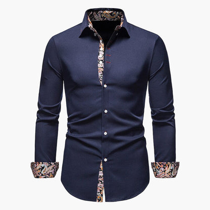 Men's Modern Long Sleeve Dress Shirt with Paisley Accents, Tailored Fit, Formal and Casual Style