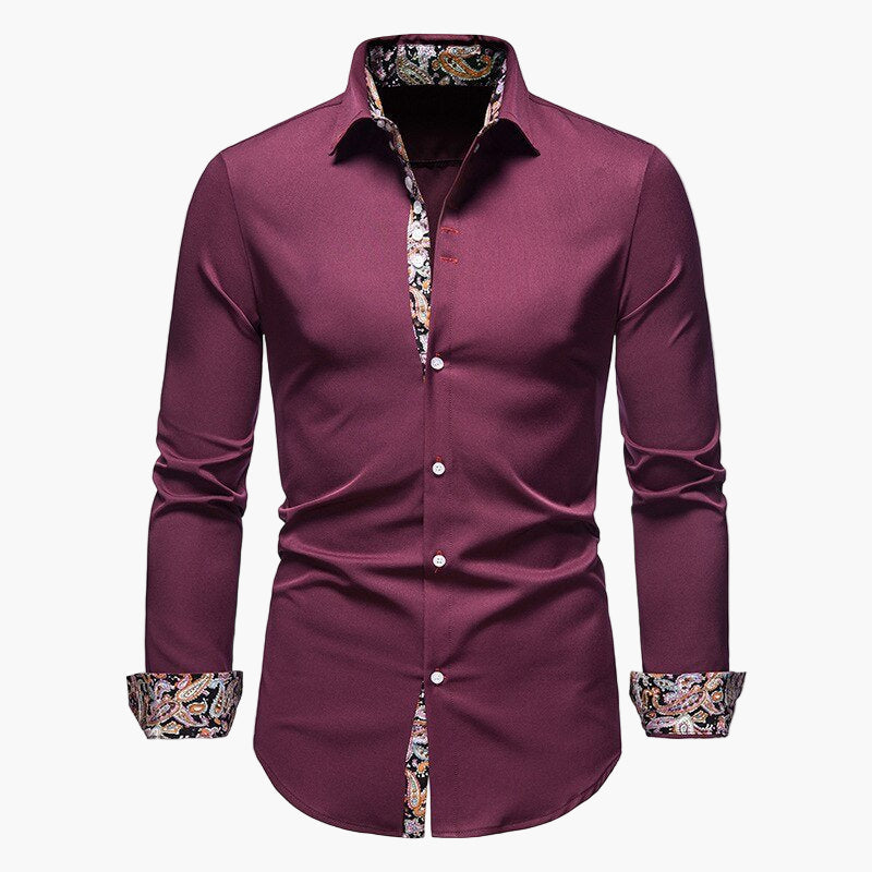 Men's Modern Long Sleeve Dress Shirt with Paisley Accents, Tailored Fit, Formal and Casual Style