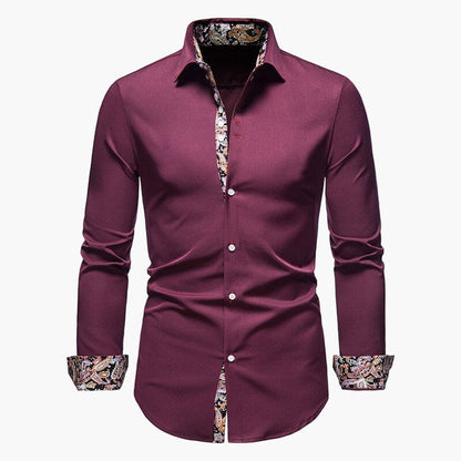 Men's Modern Long Sleeve Dress Shirt with Paisley Accents, Tailored Fit, Formal and Casual Style