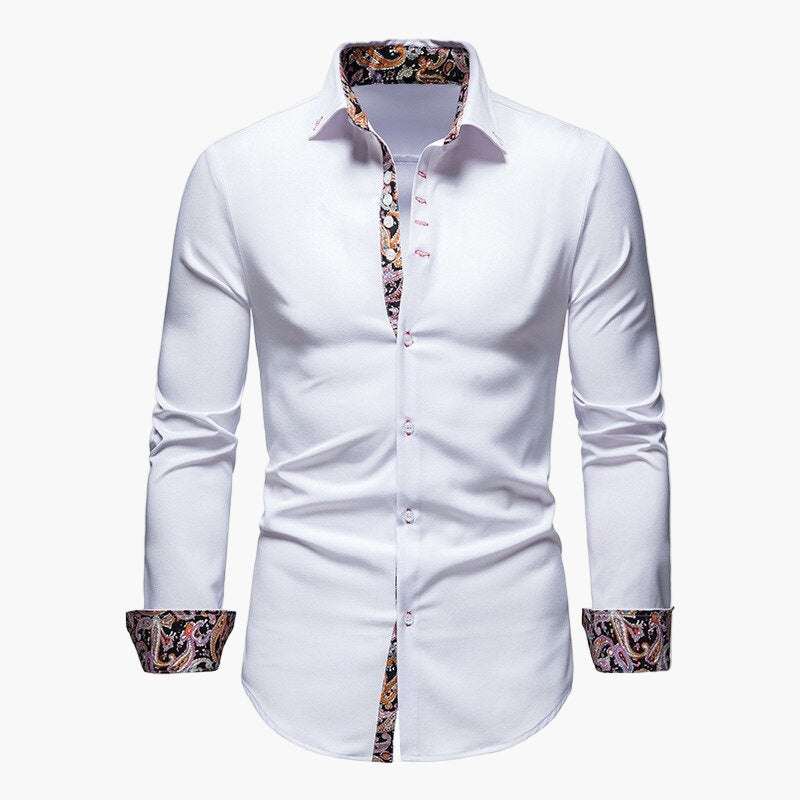 Men's Modern Long Sleeve Dress Shirt with Paisley Accents, Tailored Fit, Formal and Casual Style