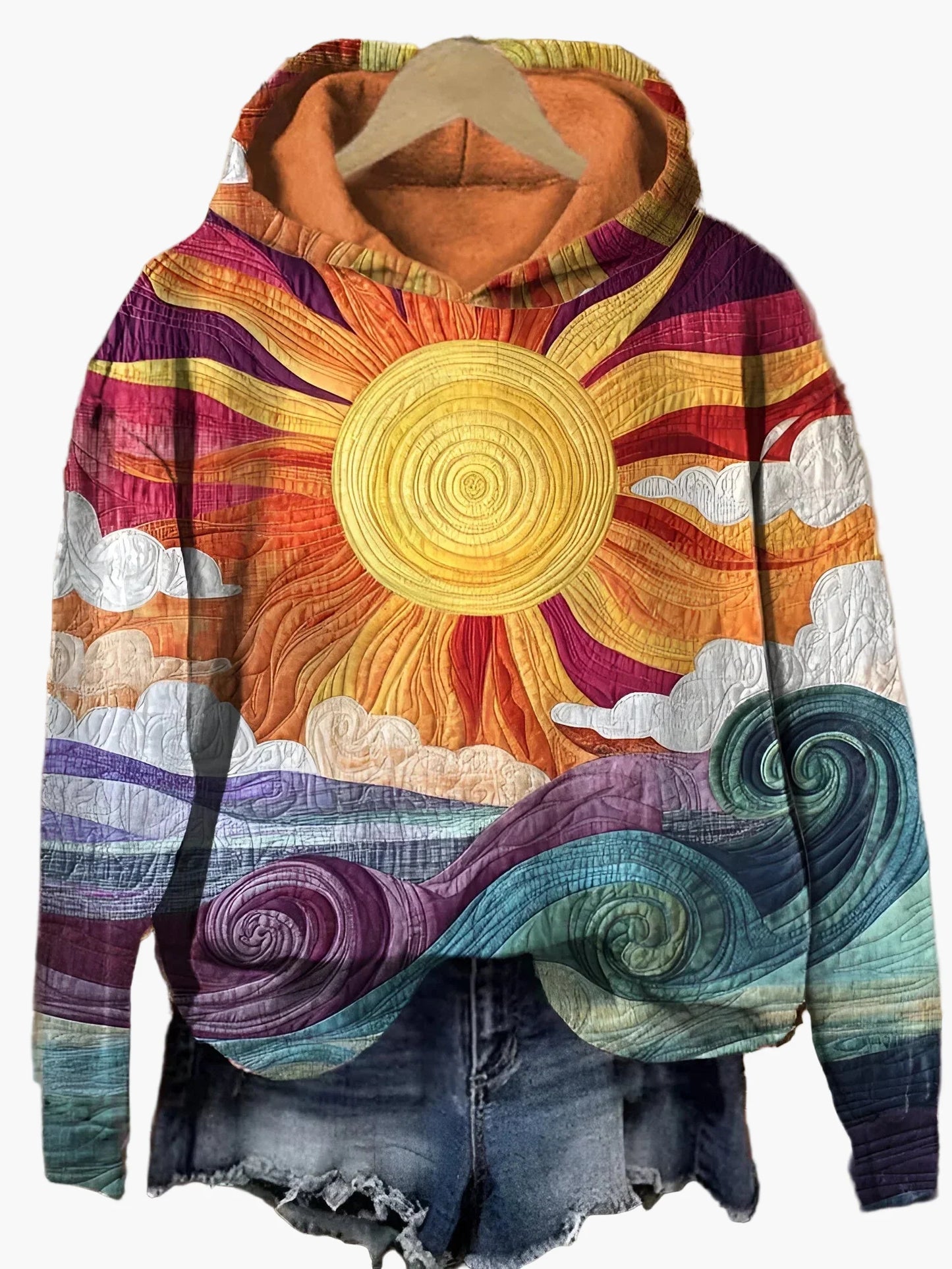 Women's Artistic Sun and Waves Graphic Hoodie – Boho Casual Pullover Sweatshirt