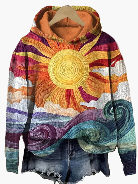 Women's Artistic Sun and Waves Graphic Hoodie – Boho Casual Pullover Sweatshirt