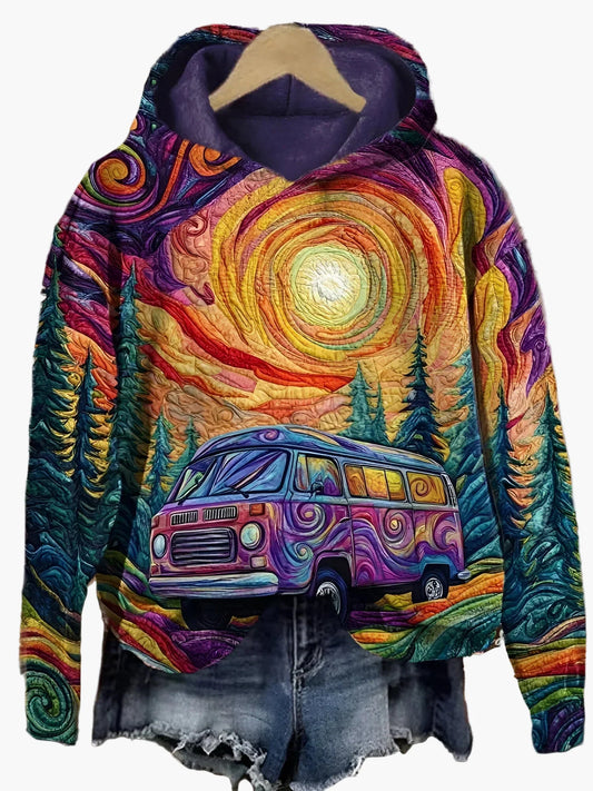 Women's Artistic Retro Van Adventure Hoodie - Bohemian Festival Style Pullover