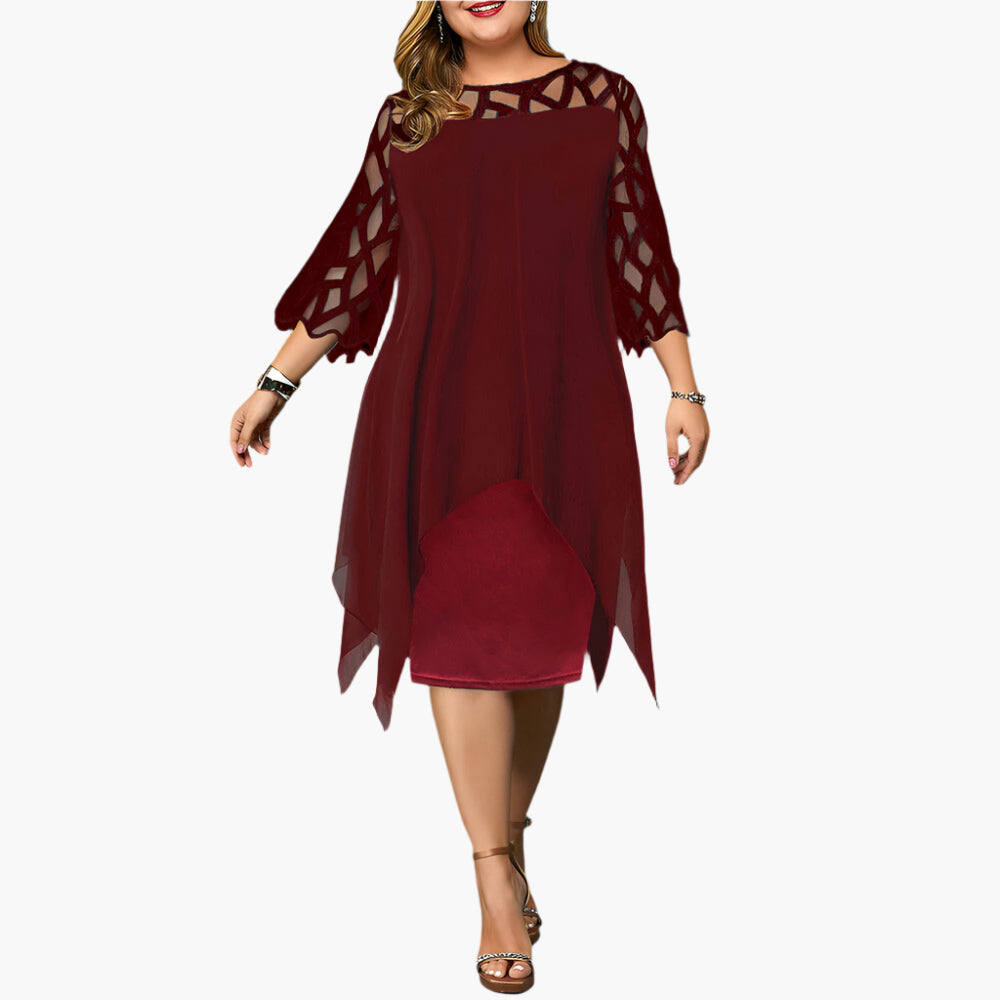 Women's Plus Size Elegant Midi Dress with Sheer Sleeves – Modern Party and Evening Style