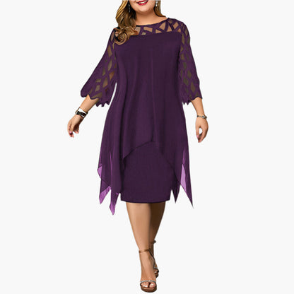 Women's Plus Size Elegant Midi Dress with Sheer Sleeves – Modern Party and Evening Style